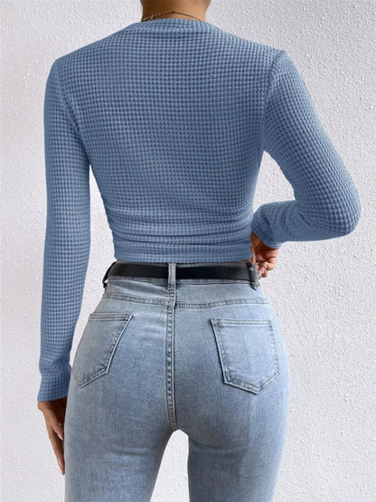 Waffle Knit Long Sleeve T-Shirt Light Blue