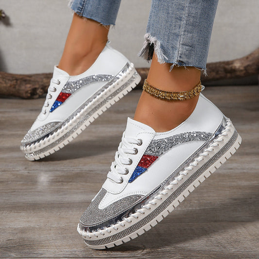 Rhinestone Lace Up Round Toe Platform Sneakers White