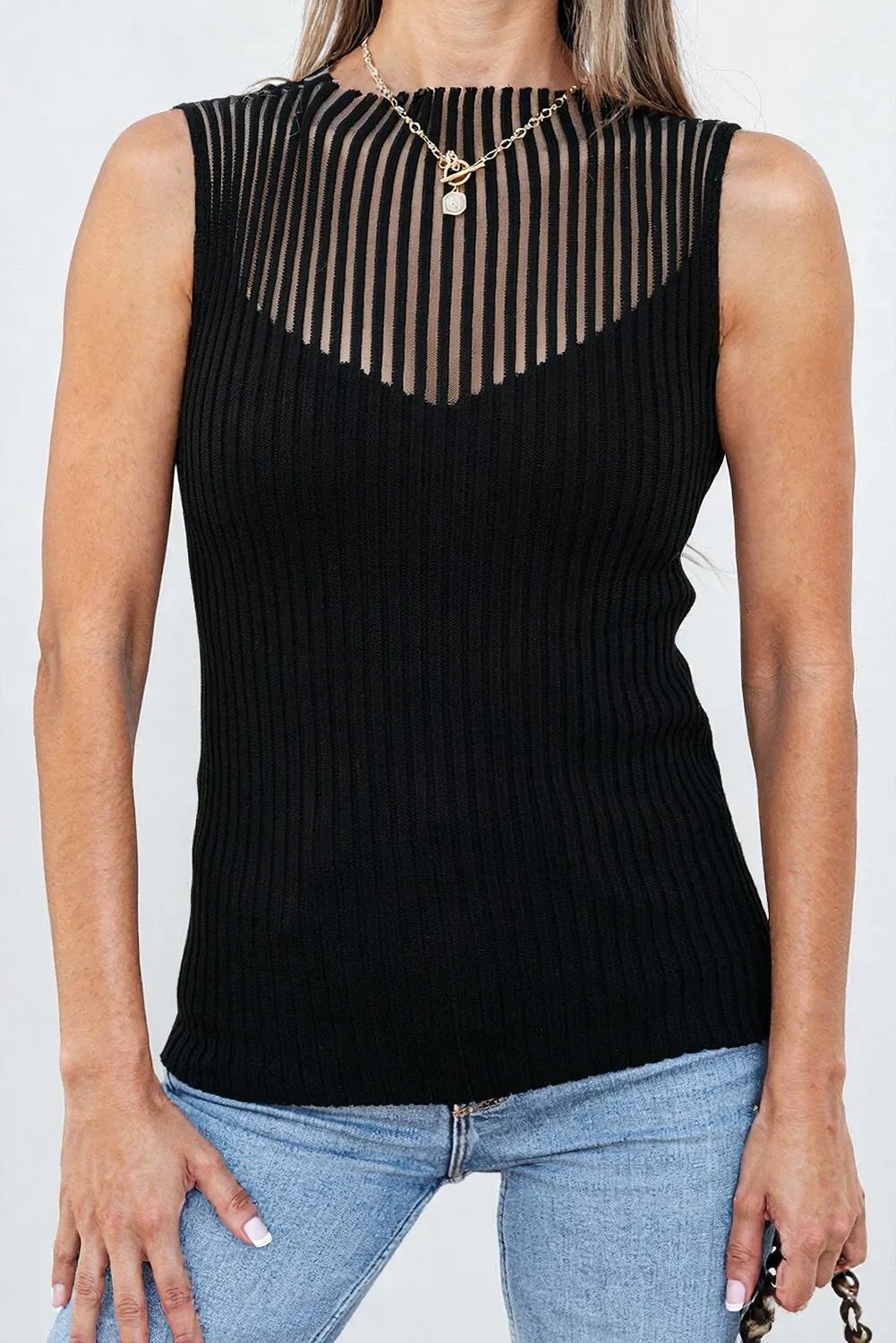 Black Ribbed Texture Mesh Cutout Knitted Sweater Vest