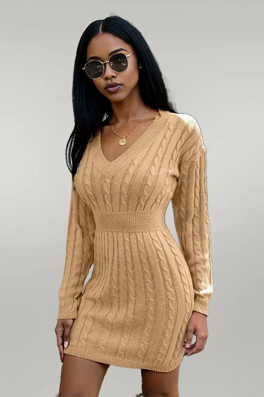 Cable-Knit V-Neck Long Sleeve Mini Sweater Dress Camel