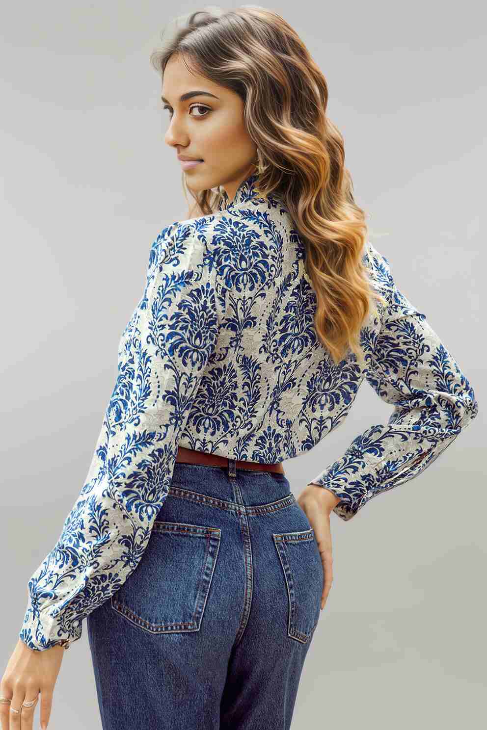 Sky Blue Bohemian Printed Bishop Sleeve Lace Shirt