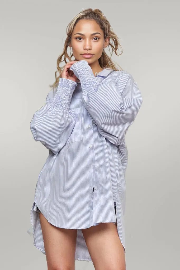 ADORA High-Low Striped Button Down Smocked Lantern Sleeve Shirt