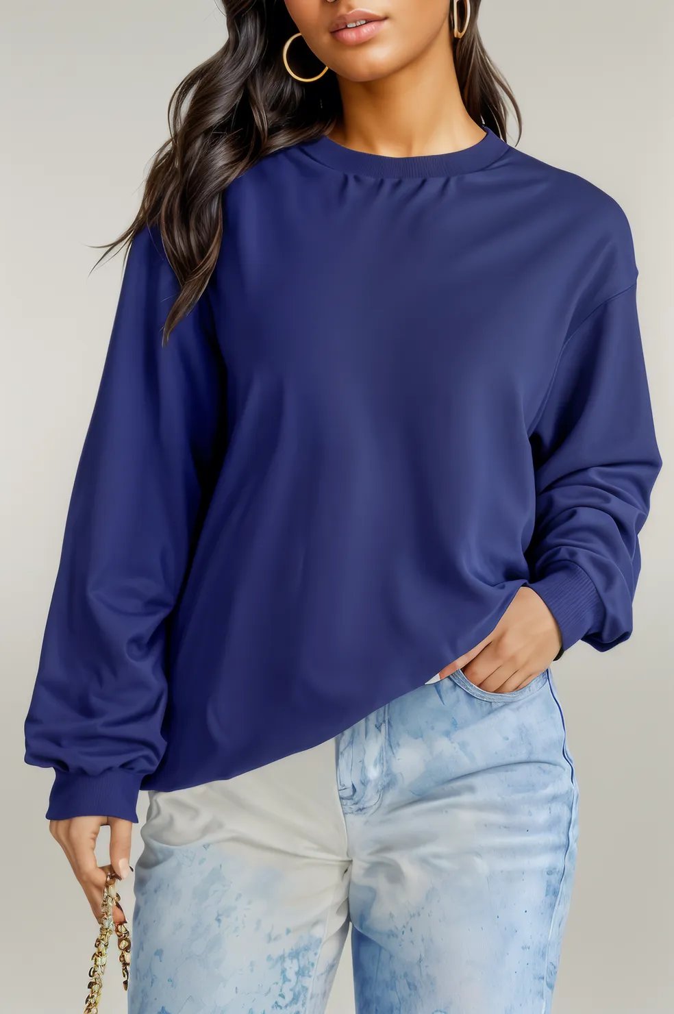 Navy Blue Plain Drop Shoulder Crewneck Pullover Sweatshirt Navy Blue 50%Polyester+50%Cotton