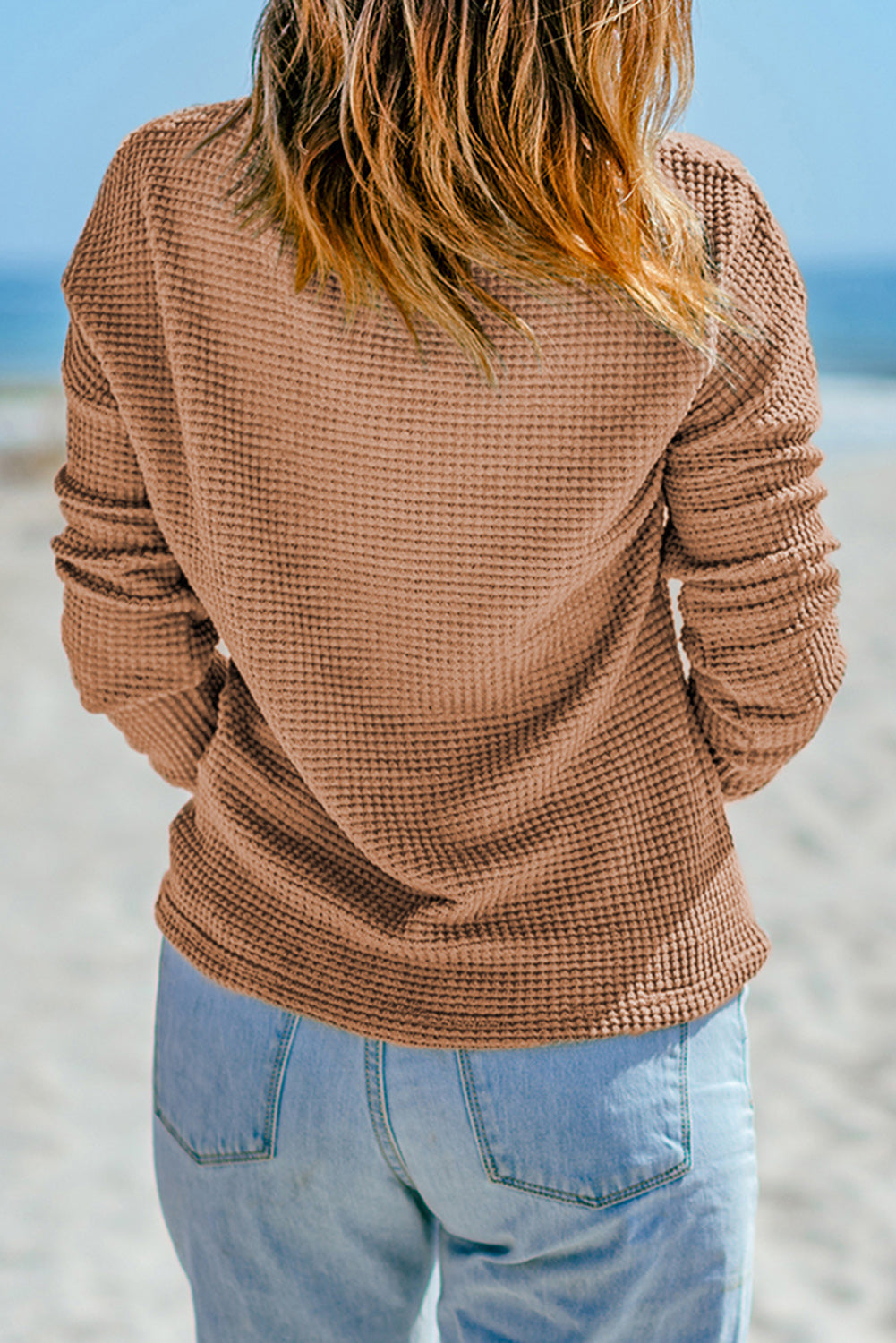 Khaki Waffle Knit Drop Shoulder Long Sleeve Top