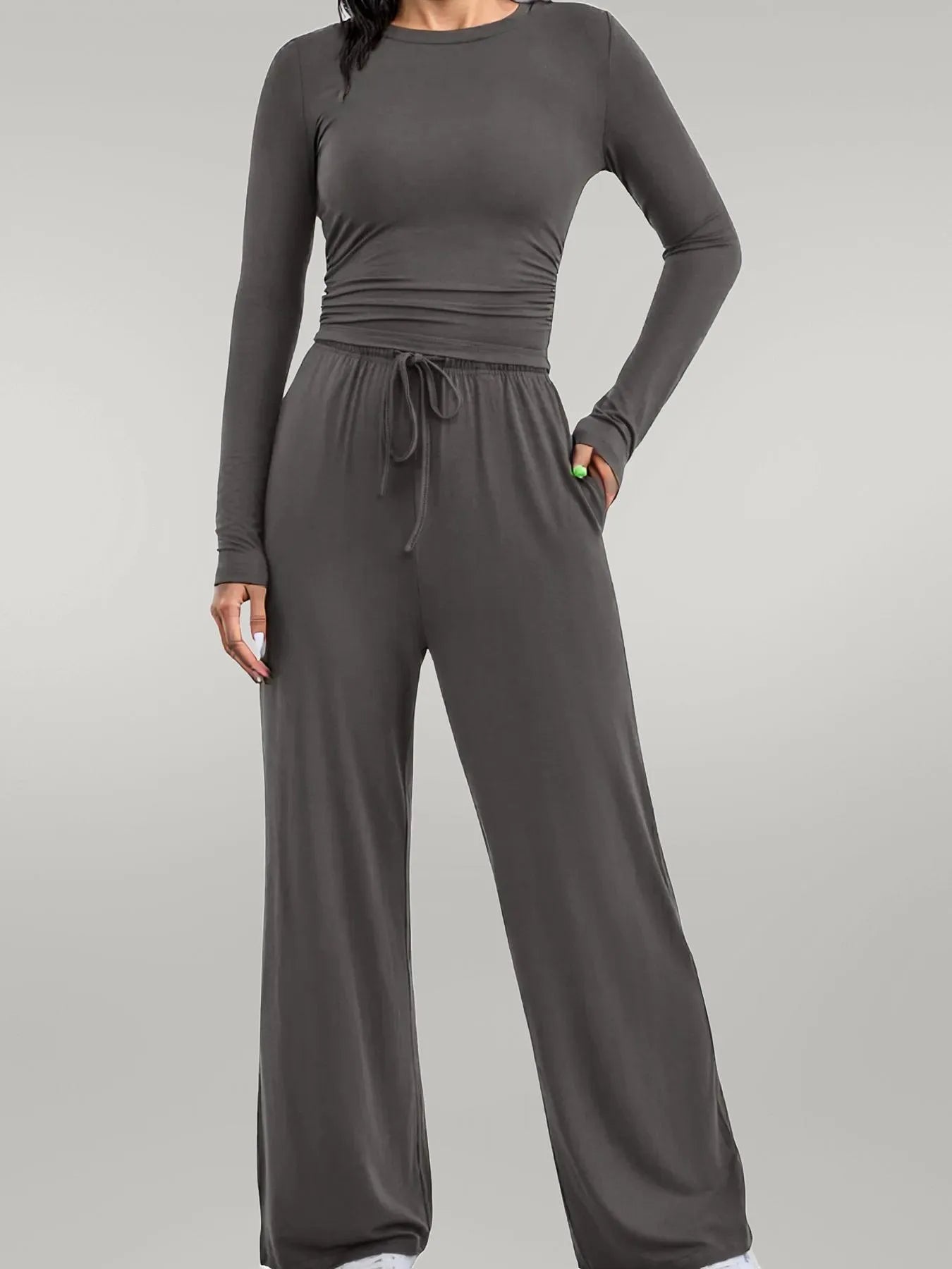 Round Neck Long Sleeve Top and Pants Set
