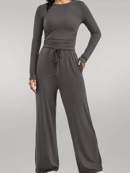 Round Neck Long Sleeve Top and Pants Set
