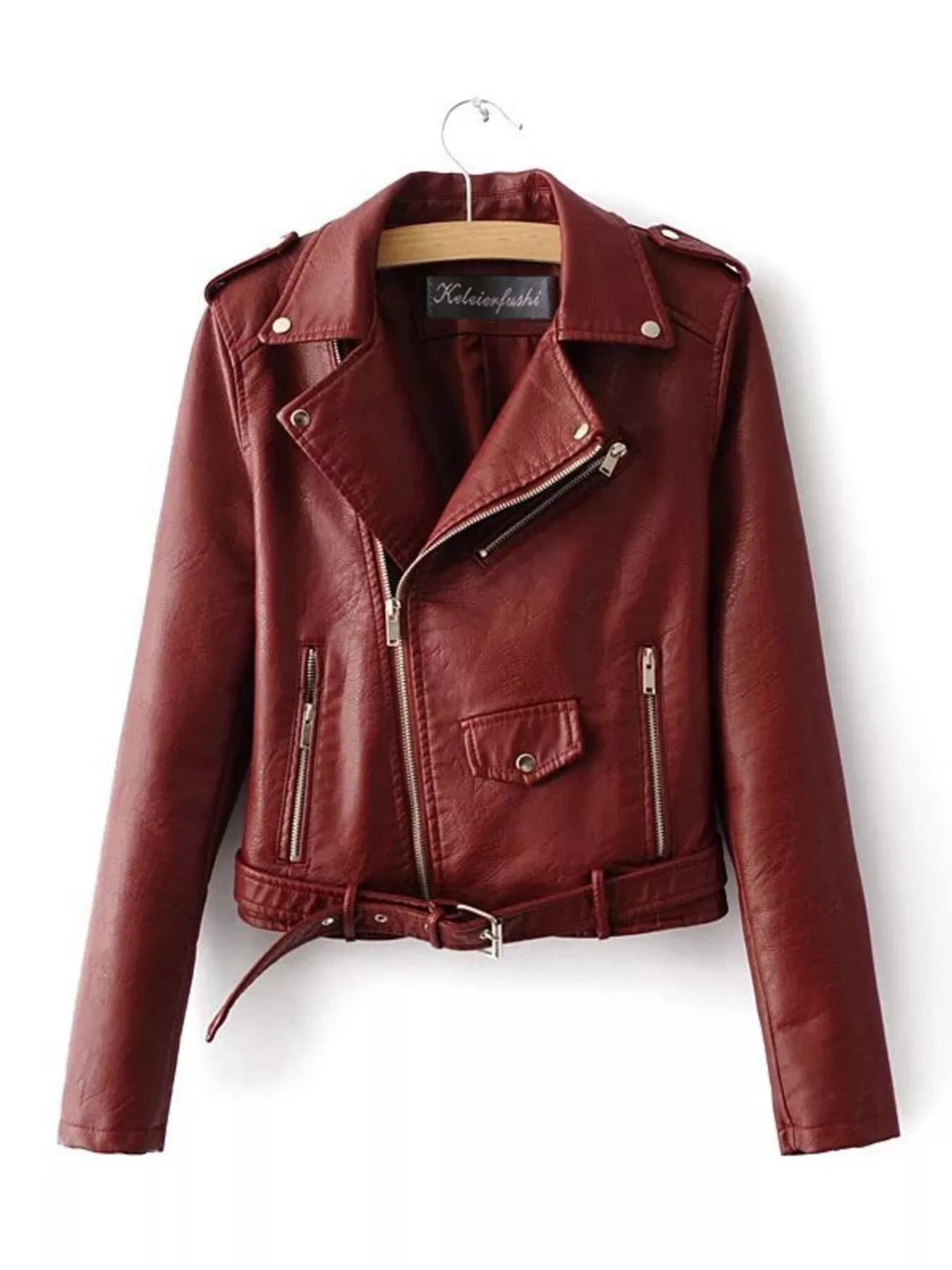 Full Size Zip Up Leather Motorcycle Biker Jacket Burgundy