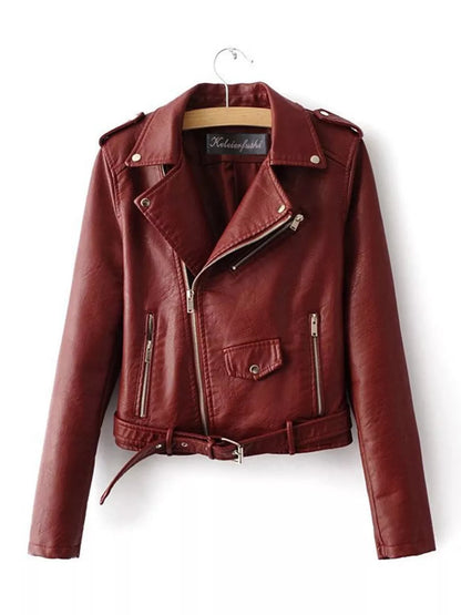Full Size Zip Up Leather Motorcycle Biker Jacket Burgundy
