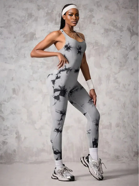 Back Crisscross Tie-Dye Scoop Neck Active Jumpsuit Gray