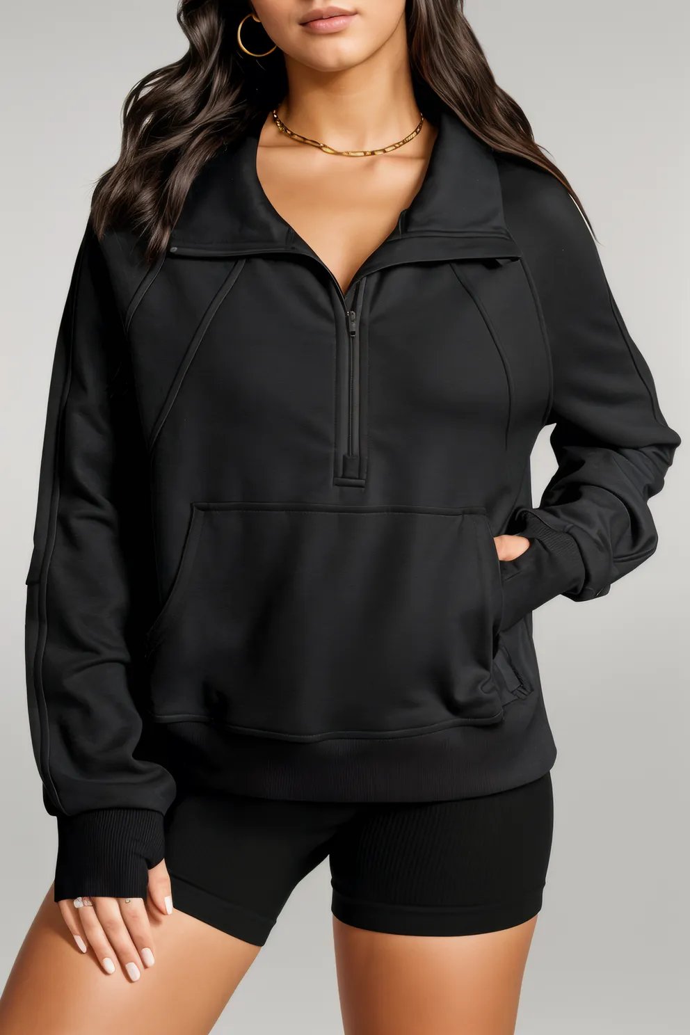 Black Quarter Zip Stand Neck Kangaroo Pocket Sweatshirt Black 50%Polyester+50%Cotton