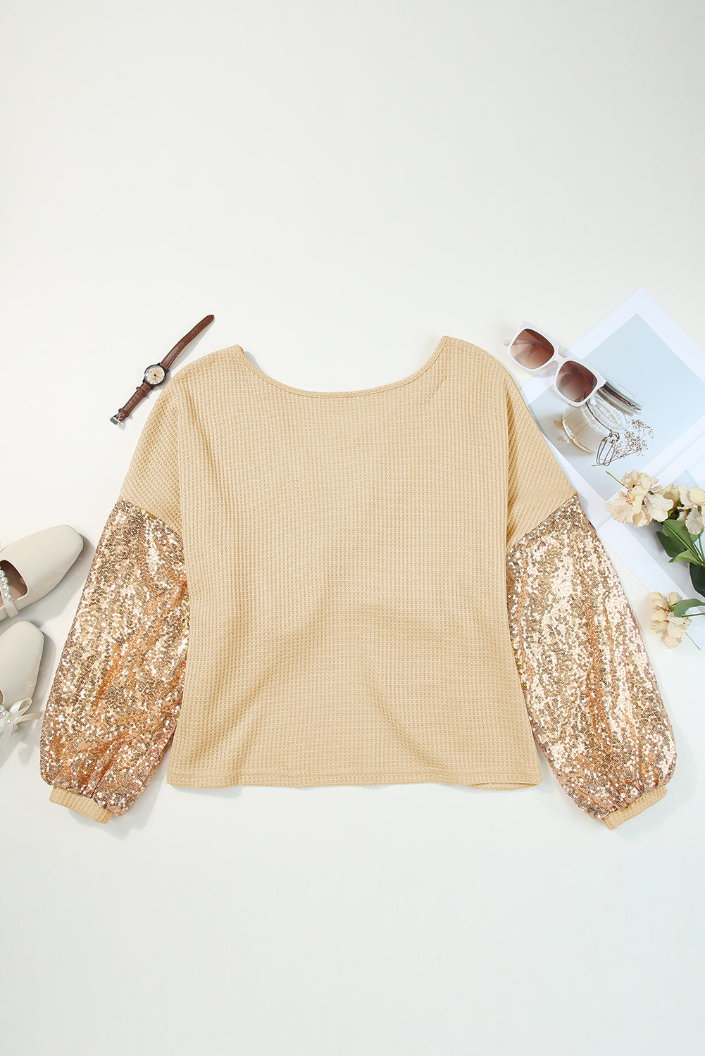 Apricot Sequin Patchwork Sleeve Open Back Waffle Knit Top