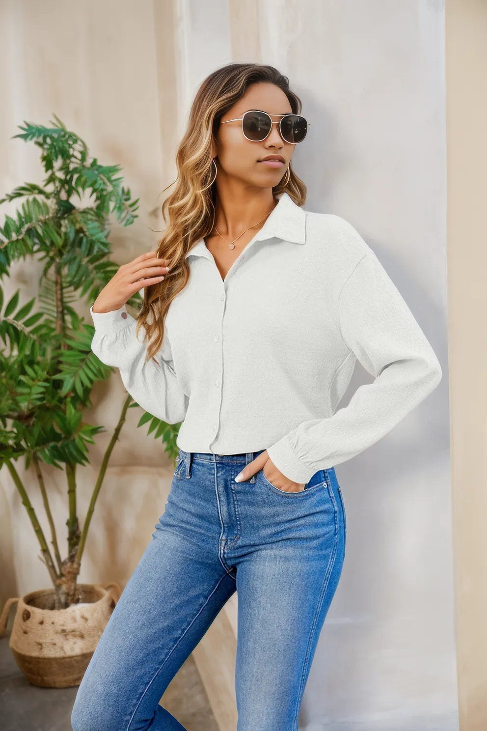 Collared Neck Buttoned Long Sleeve Shirt