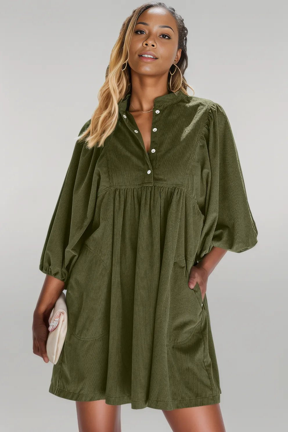 Vineyard Green Corduroy Snap Buttons Empire Waist Bracelet Sleeve Dress - Dresses/Mini Dresses - Dear - Lover - Vineyard Green - XL - 100%Polyester - LC6121359 - P2409 - XL