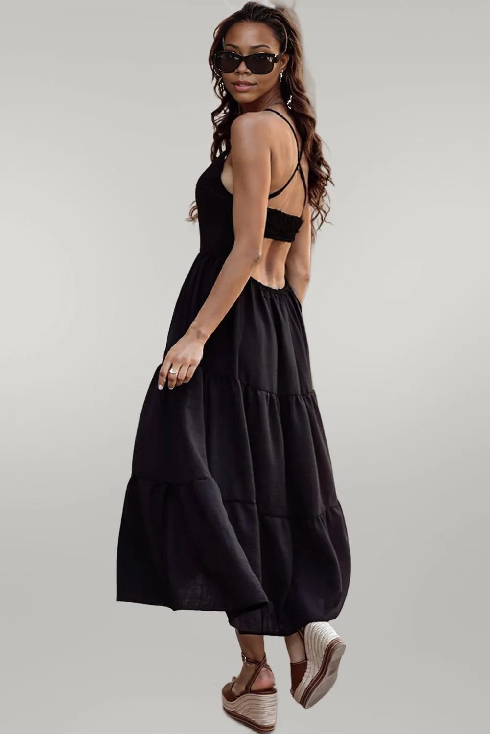 Oatmeal Crossover Backless Bodice Tiered Maxi Dress