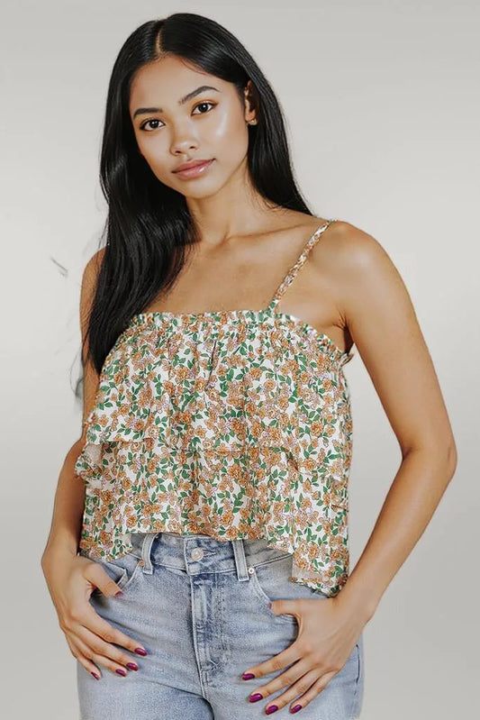 White Boho Floral Spaghetti Strap Ruffle Summer Tank Top White 100%Polyester