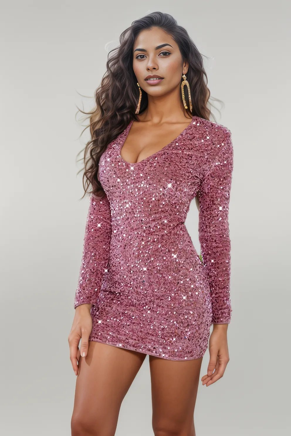 Sequin V-Neck Long Sleeve Mini Dress