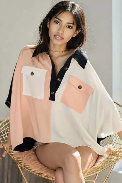 BiBi Color Block Quarter Neck Short Dolan Sleeve Top