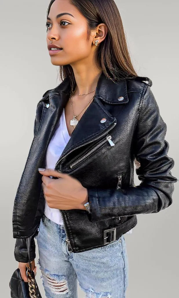 Full Size Zip Up Leather Motorcycle Biker Jacket Black