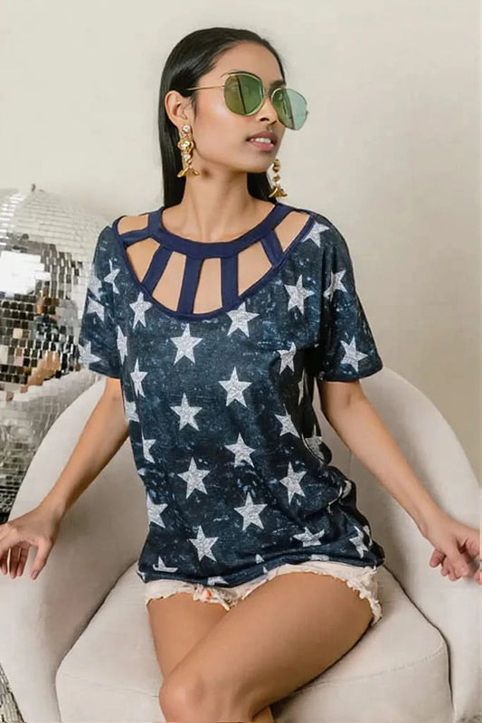 BiBi Vintage Star Print Top With Contrast Caged Neck DK NAVY