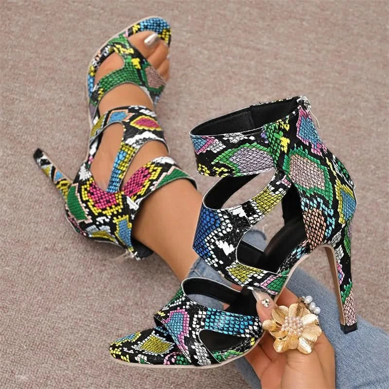 Snake Print Strappy Stiletto Pumps