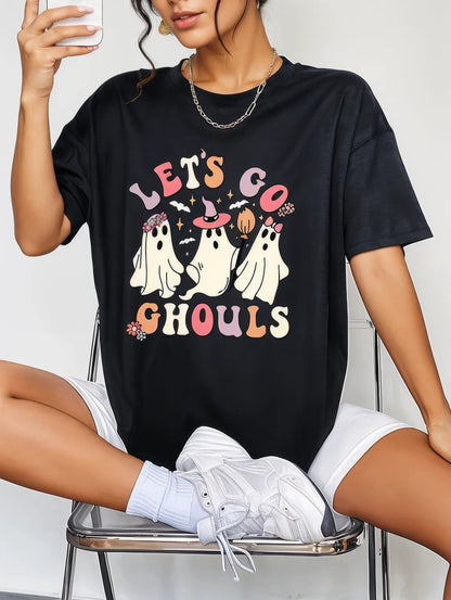 Round Neck Short Sleeve LET'S GO GHOULS Graphic T-Shirt Black