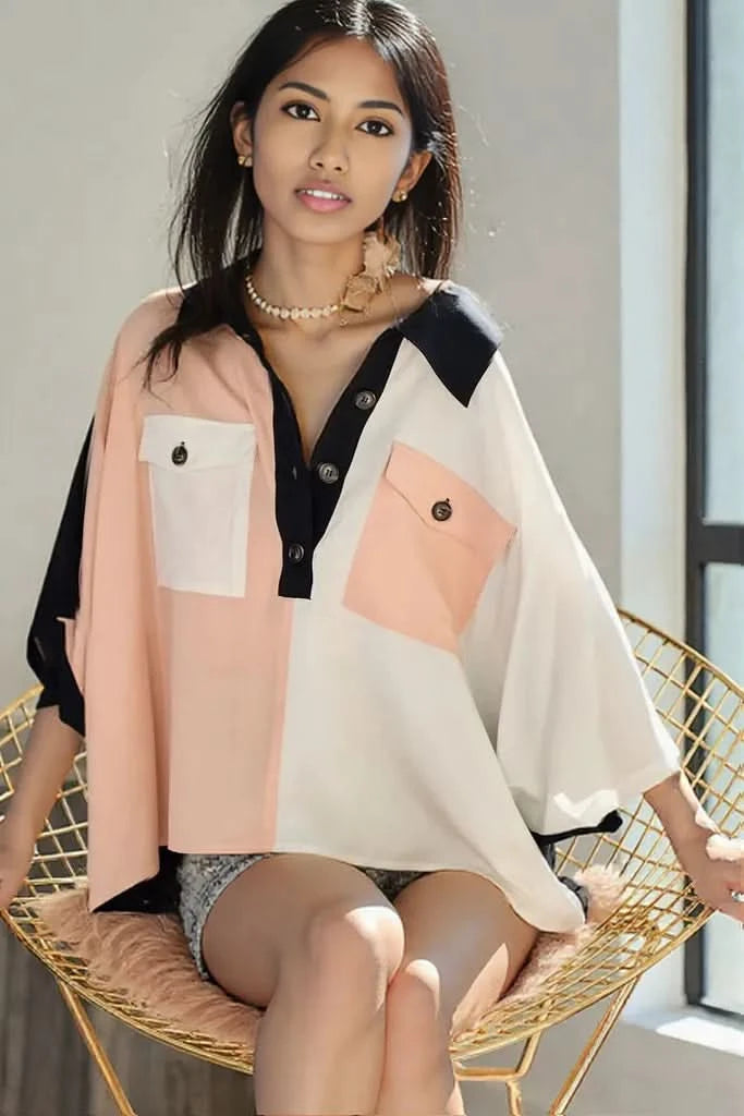 BiBi Color Block Quarter Neck Short Dolan Sleeve Top BLUSH