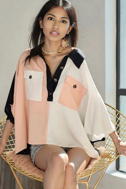 BiBi Color Block Quarter Neck Short Dolan Sleeve Top BLUSH
