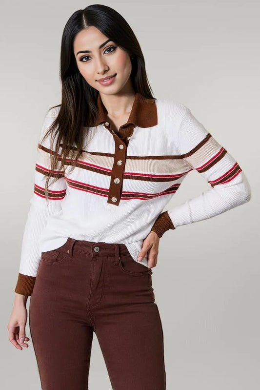 Basic Bae Striped Collared Neck Rib-Knit Top Beige