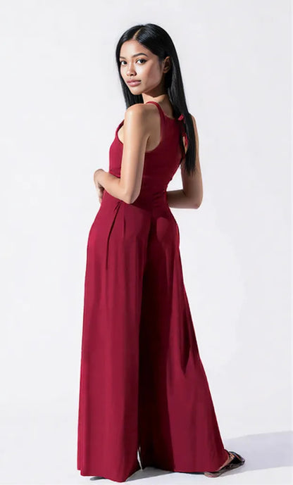 Square Neck Wide Strap Jumpsuit Burgundy