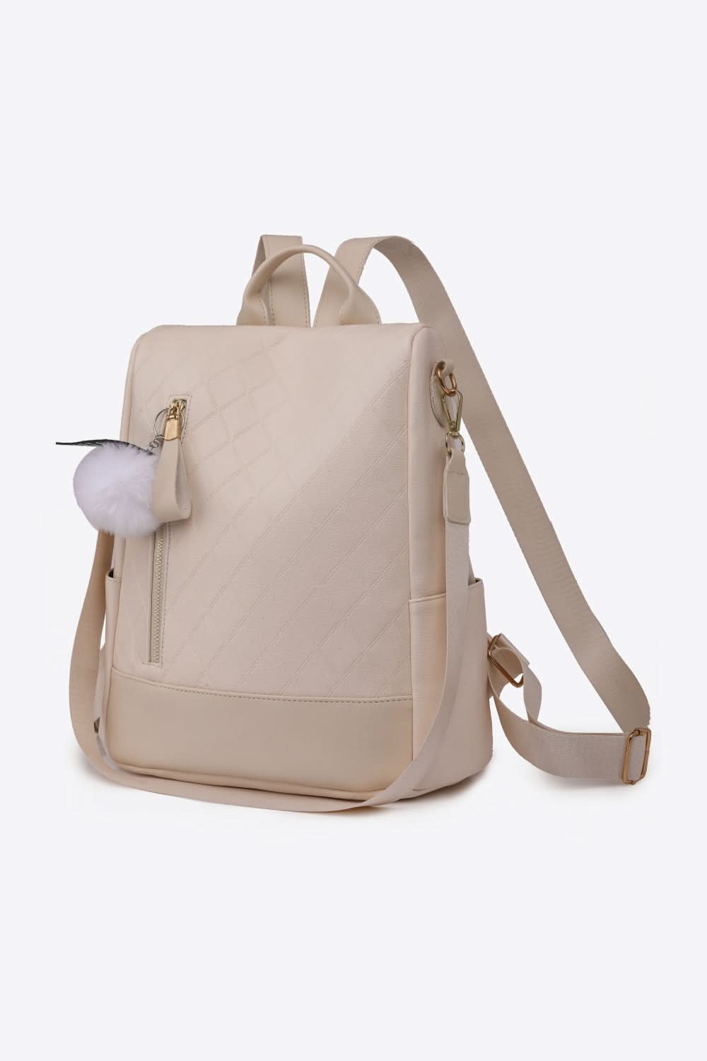 Pom-Pom Zipper Backpack Beige One Size