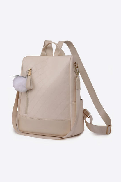Pom-Pom Zipper Backpack Beige One Size