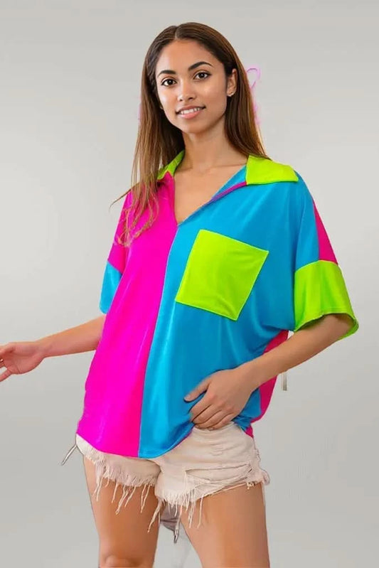 BiBi Slinky Knit Color Block V Neck Front Top