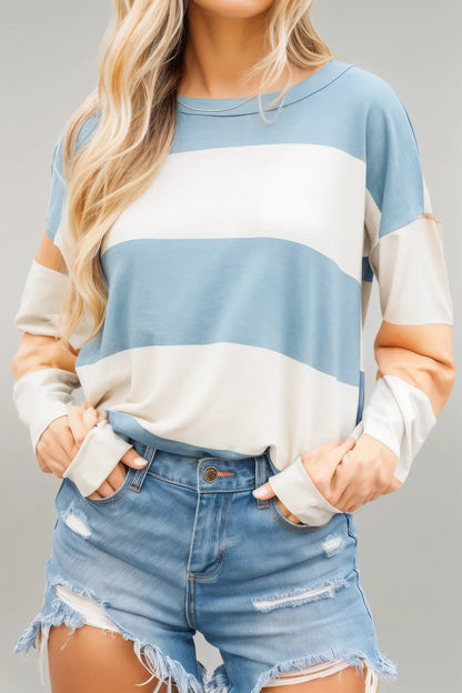 Light Blue Colorblock Striped Drop Shoulder Long Sleeve Top Light Blue 95%Polyester+5%Elastane