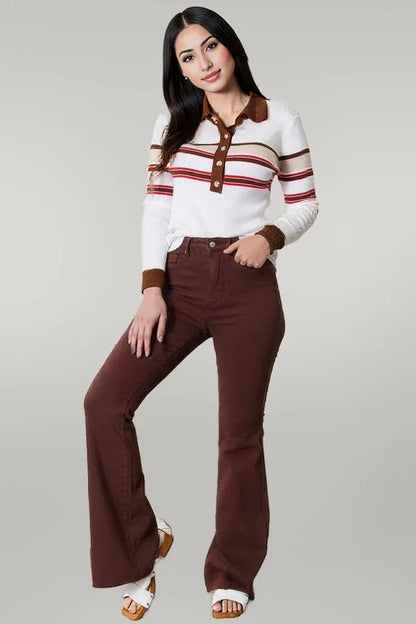 Basic Bae Striped Collared Neck Rib-Knit Top