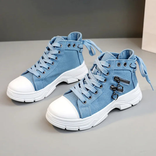 Decor Zipper Lace Up Round Toe Platform Sneakers Light Blue
