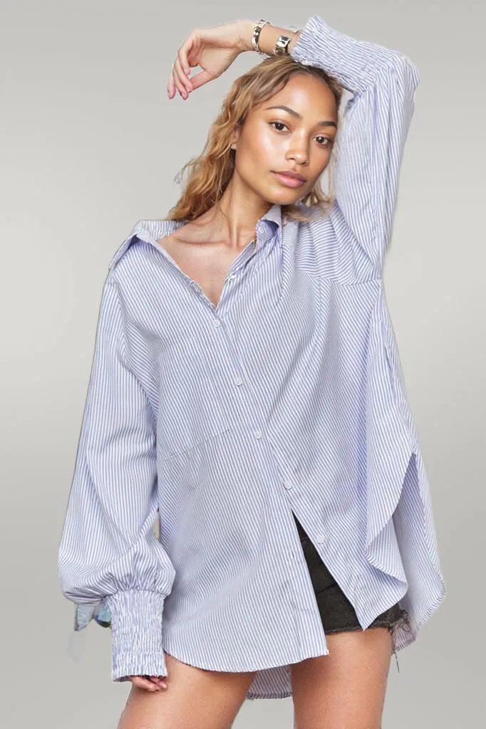 ADORA High-Low Striped Button Down Smocked Lantern Sleeve Shirt