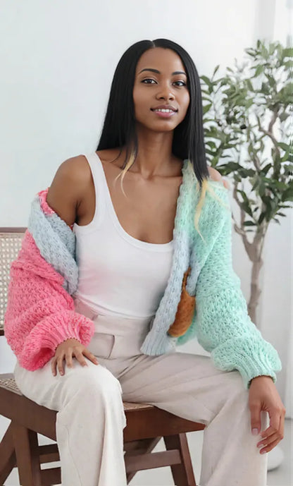 Color Block Open Front Cardigan Multicolor