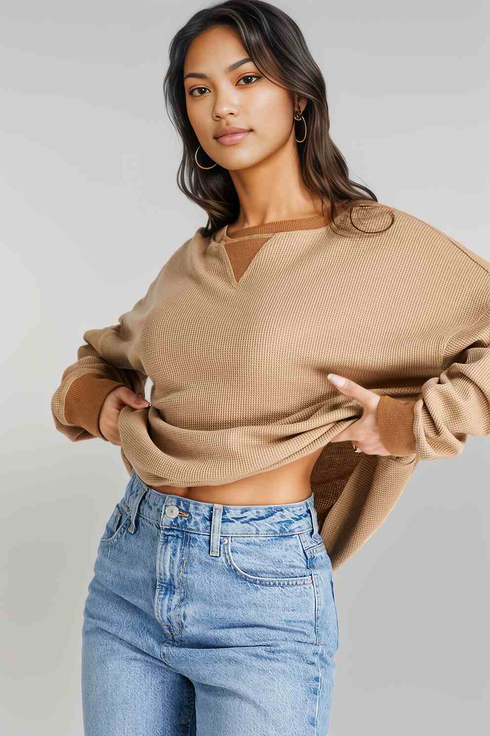 Waffle-Knit Long Sleeve Sweatshirt