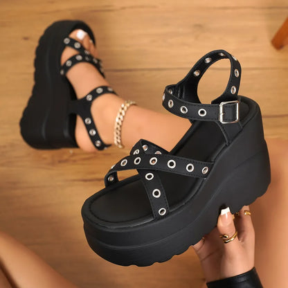 Eyelet Open Toe Platform Wedge Sandals
