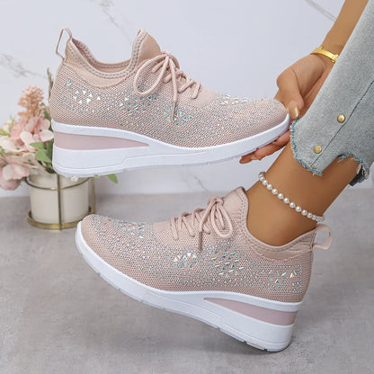 Breathable Mesh Rhinestone Wedge Athletic Sneakers Pink