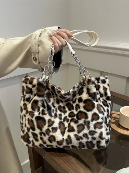 Faux Fur Leopard Shoulder Bag Beige One Size