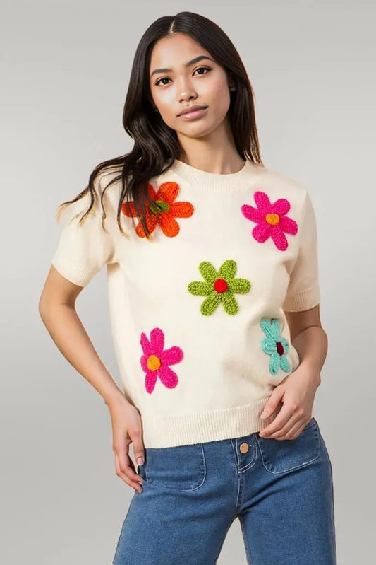 BiBi Crochet Flower Patch Sweater Top IVORY