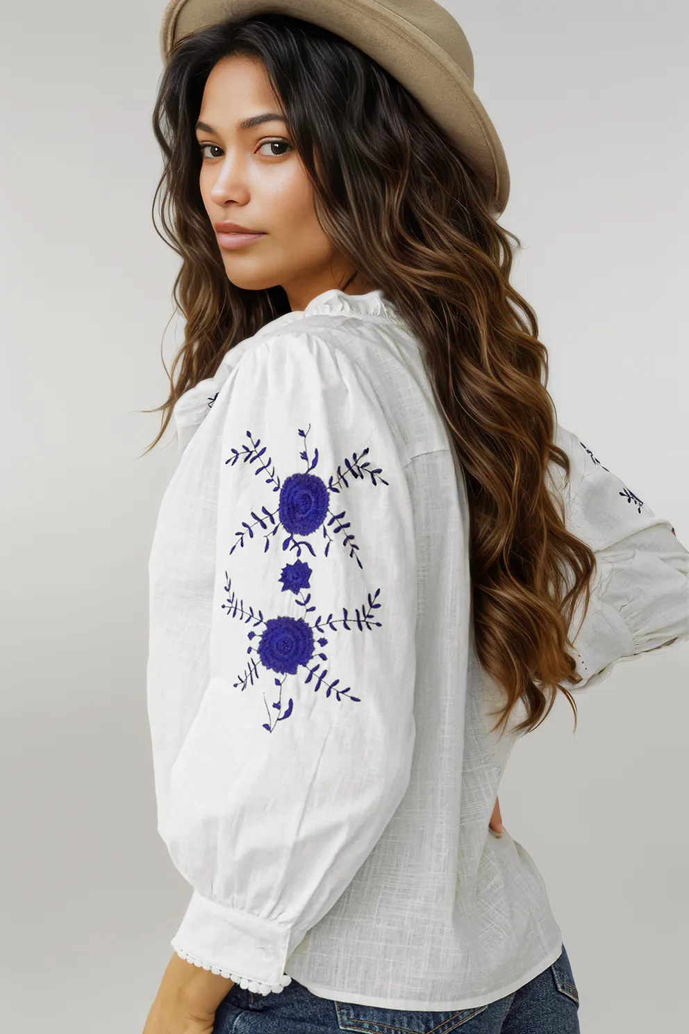 White Floral Embroidered Bracelet Sleeve Shirt