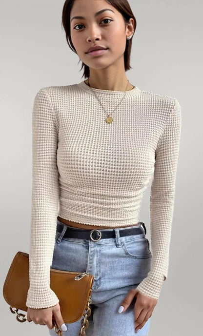 Waffle Knit Long Sleeve T-Shirt Beige