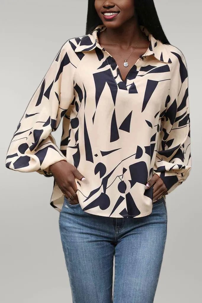 Perfee Printed Johnny Collar Blouse