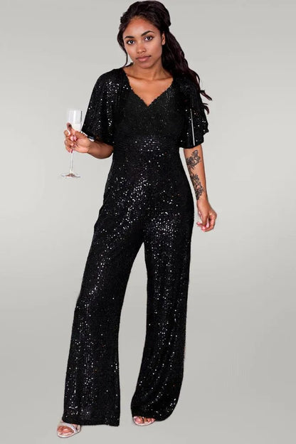 Black Sequin V Neck Flutter Sleeve Wide Leg Jumpsuit