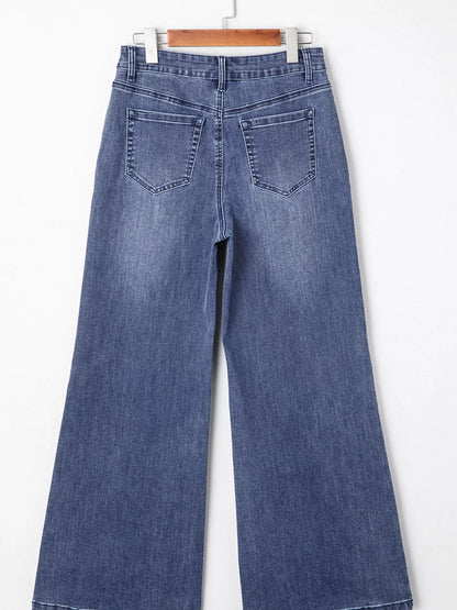 High Waist Button Zip Flare Leg Jeans Navy