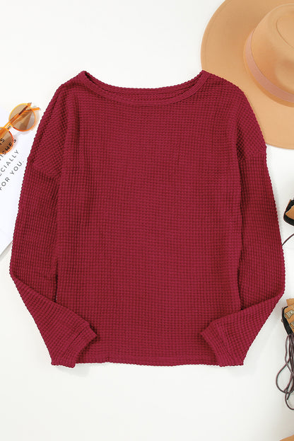 Khaki Waffle Knit Drop Shoulder Long Sleeve Top