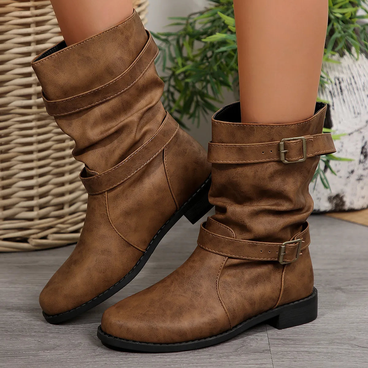 Mid-Calf Buckle Strap Boots Brown