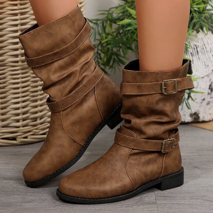 Mid-Calf Buckle Strap Boots Brown
